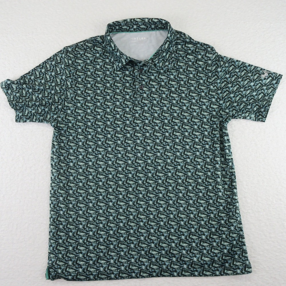 Maelreg Performance Golf Polo Shirt Mens Medium Green‎ Geometric Print